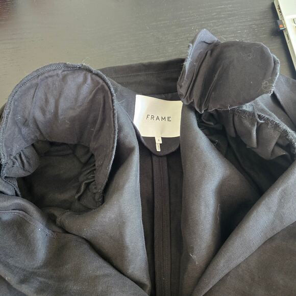 Frame Linen Blend Blazer Black One Button Closure Pleated Shoulder Pads Women 4 - Picture 9 of 13